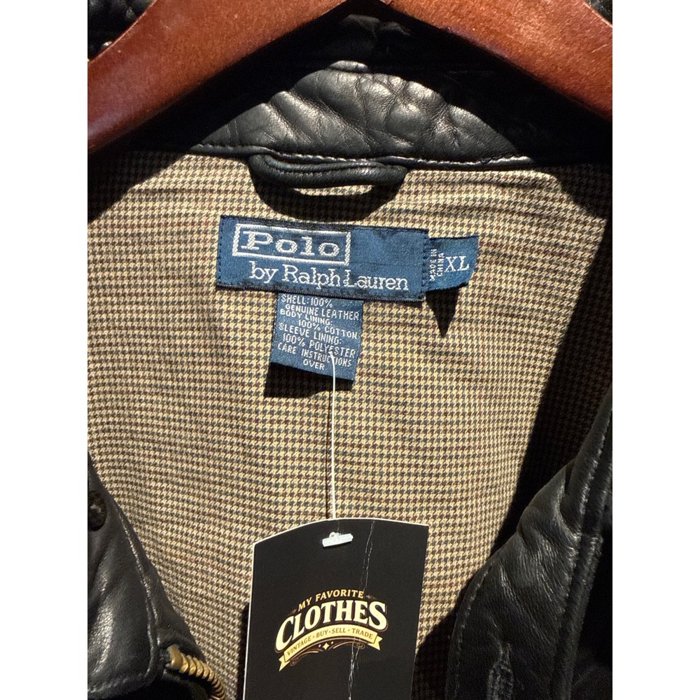 Polo Ralph Lauren Black Leather Bomber Jacket Waffle Knit Lined Mens XL 26x29 - Picture 2 of 3